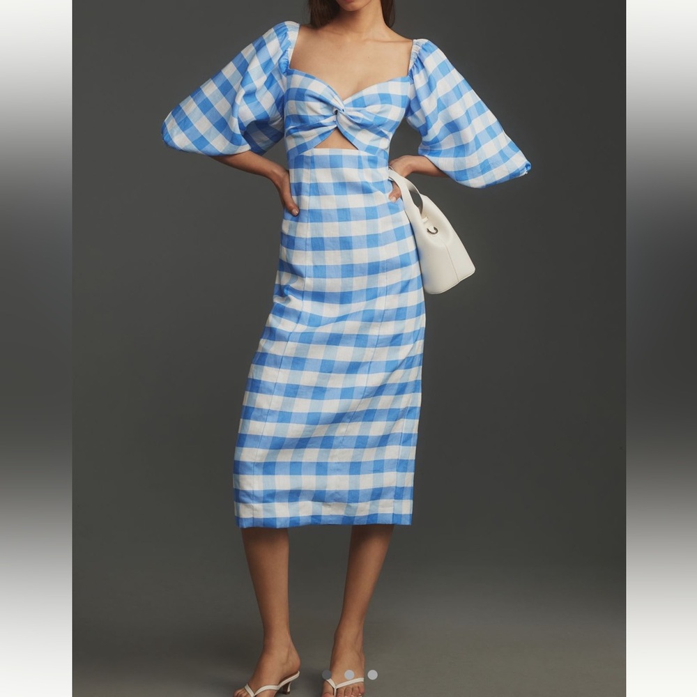 RHODE Blue and White Checkered Midi Dress